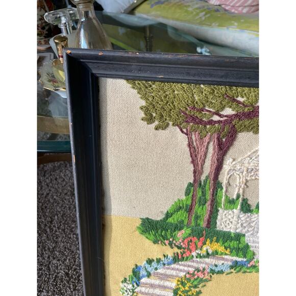 Vtg Framed Crewel Embroidery Springtime Gazebo Needlepoint Floral Grandmacore - Picture 5 of 16